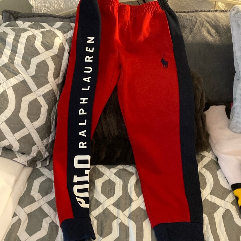 Men’s size Medium joggers. Red with navy and white. Drawstring waist. Polo